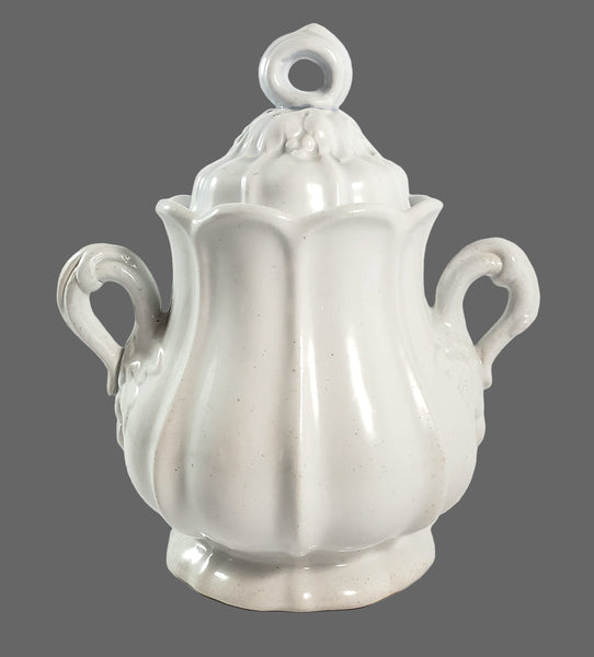 Antique White Ironstone Sugar Bowl with Lid Paneled Grape & Leaf