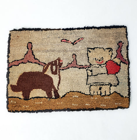 Vintage American Folk Art Hand Hooked Mat Rug Animal Theme 15 1/2" x 10 1/2"