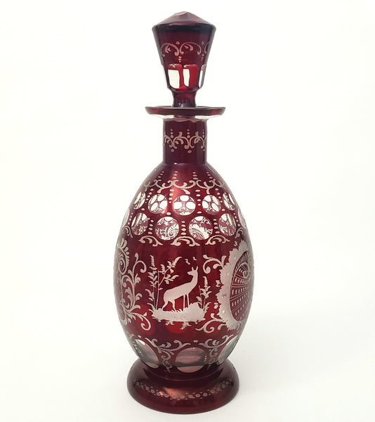 Bohemian Ruby Red Cut to Clear & Etched Glass Decanter with Matching Stopper