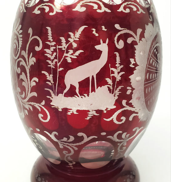 Bohemian Ruby Red Cut to Clear & Etched Glass Decanter with Matching Stopper