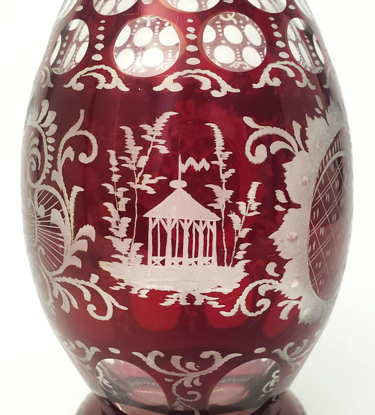Bohemian Ruby Red Cut to Clear & Etched Glass Decanter with Matching Stopper