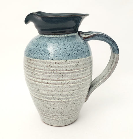 Vintage Handmade Studio Pottery Blue & White Speckled Pitcher by Merlin 1985