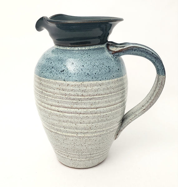 Vintage Handmade Studio Pottery Blue & White Speckled Pitcher by Merlin 1985