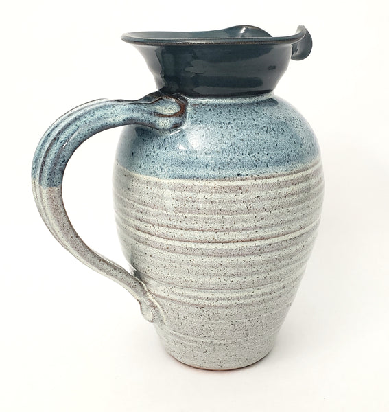 Vintage Handmade Studio Pottery Blue & White Speckled Pitcher by Merlin 1985