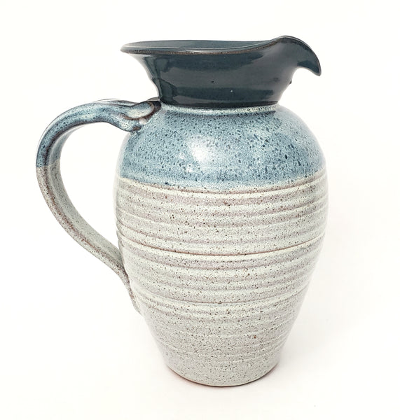 Vintage Handmade Studio Pottery Blue & White Speckled Pitcher by Merlin 1985