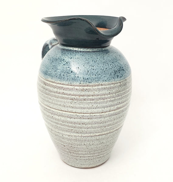 Vintage Handmade Studio Pottery Blue & White Speckled Pitcher by Merlin 1985