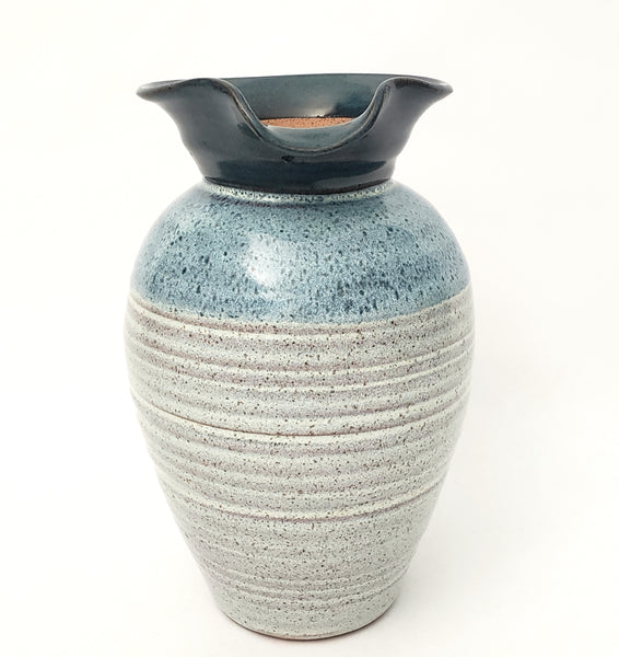 Vintage Handmade Studio Pottery Blue & White Speckled Pitcher by Merlin 1985