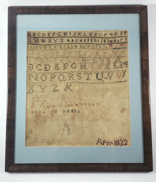 Antique Framed American School Girl Alphabet Sampler by Mary Ann Jacoby April 1832