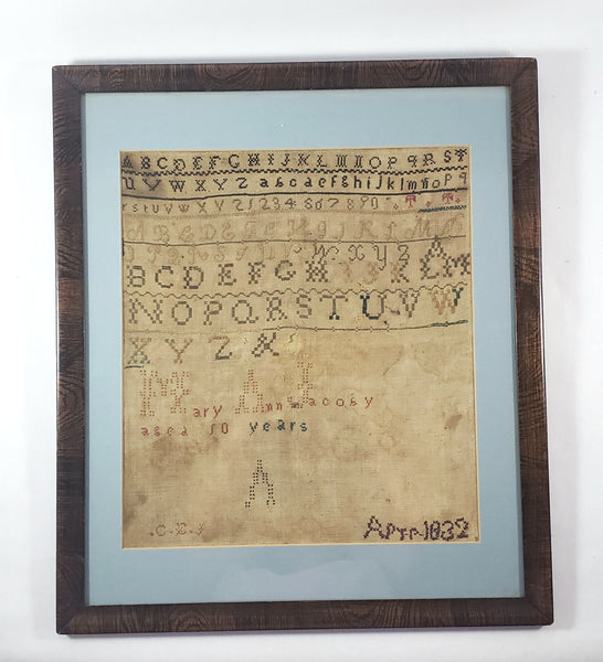 Antique Framed American School Girl Alphabet Sampler by Mary Ann Jacoby April 1832