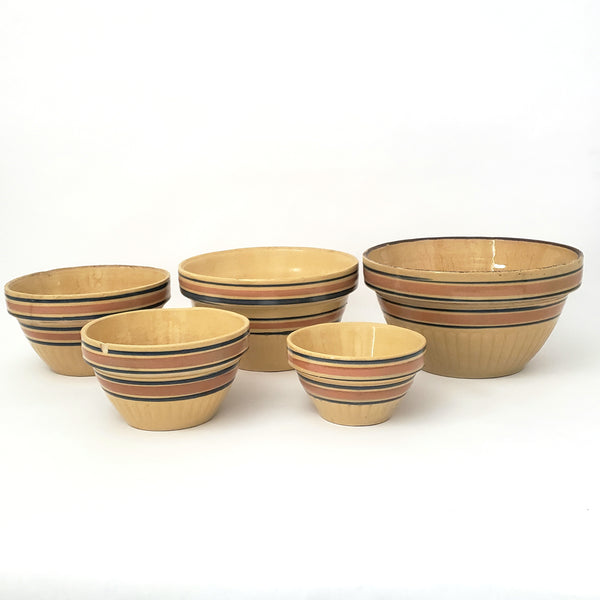 Vintage American Yellow ware Mixing Nesting Bowl Set of 5 Pink & Blue Bands