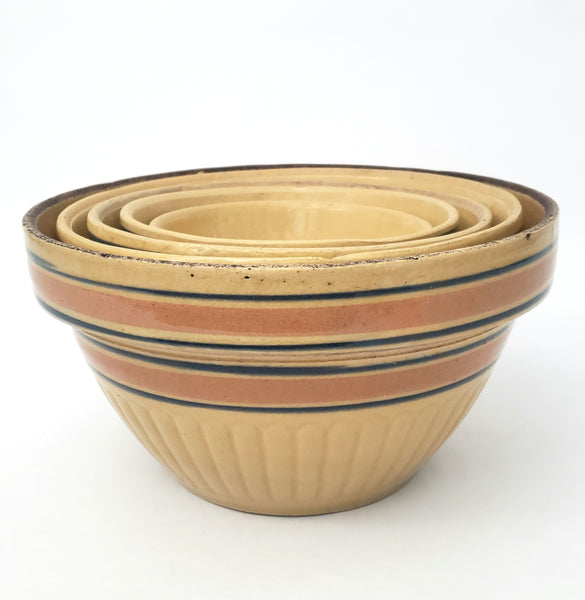 Vintage American Yellow ware Mixing Nesting Bowl Set of 5 Pink & Blue Bands