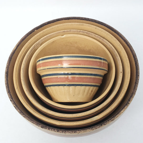Vintage American Yellow ware Mixing Nesting Bowl Set of 5 Pink & Blue Bands