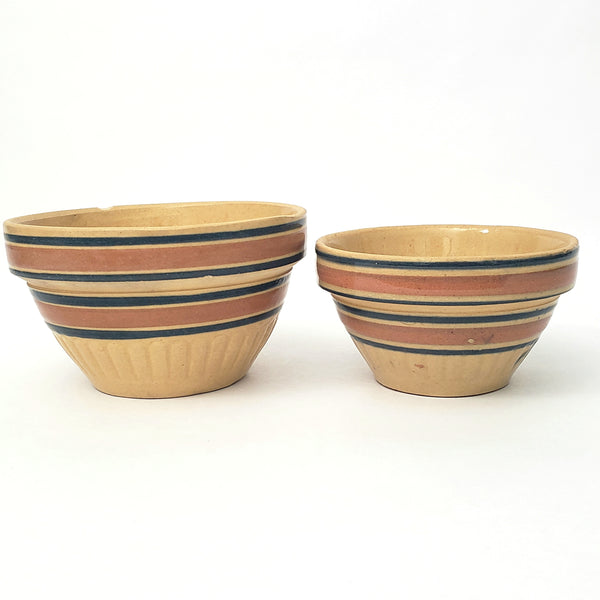 Vintage American Yellow ware Mixing Nesting Bowl Set of 5 Pink & Blue Bands