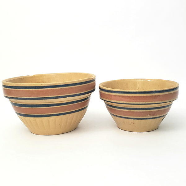 Vintage American Yellow ware Mixing Nesting Bowl Set of 5 Pink & Blue Bands