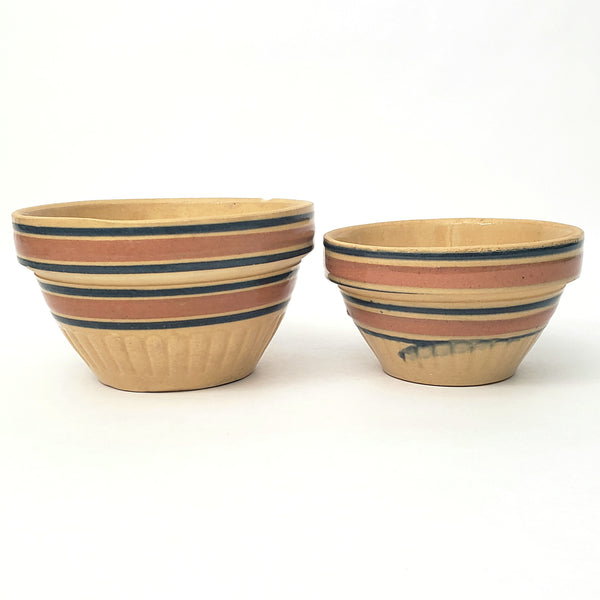 Vintage American Yellow ware Mixing Nesting Bowl Set of 5 Pink & Blue Bands