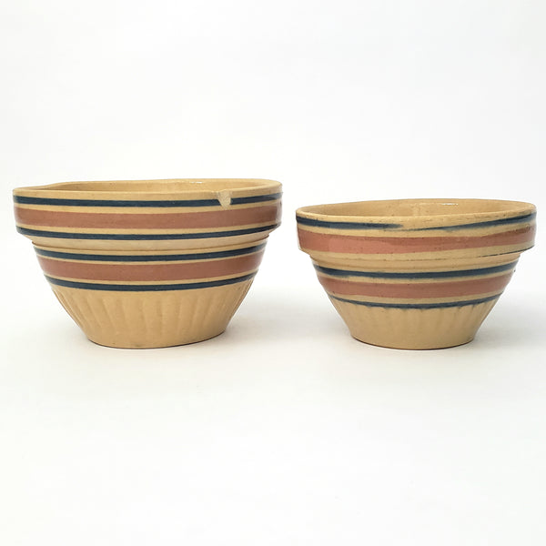 Vintage American Yellow ware Mixing Nesting Bowl Set of 5 Pink & Blue Bands