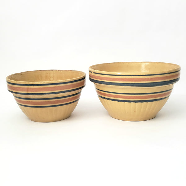 Vintage American Yellow ware Mixing Nesting Bowl Set of 5 Pink & Blue Bands