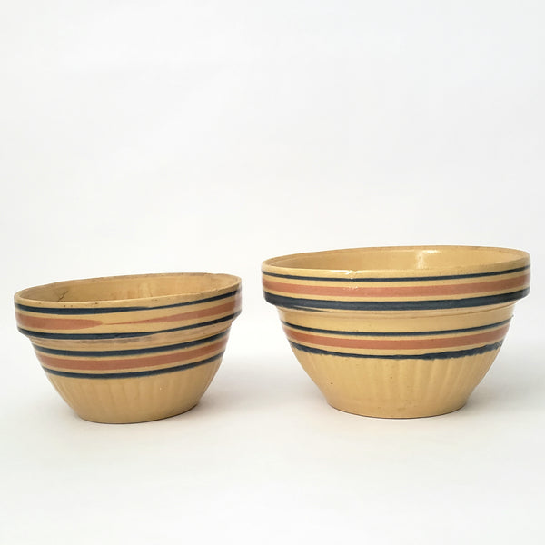 Vintage American Yellow ware Mixing Nesting Bowl Set of 5 Pink & Blue Bands