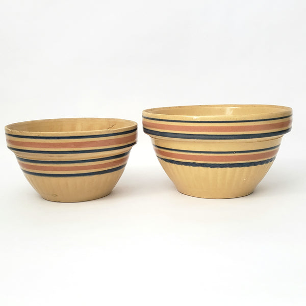 Vintage American Yellow ware Mixing Nesting Bowl Set of 5 Pink & Blue Bands