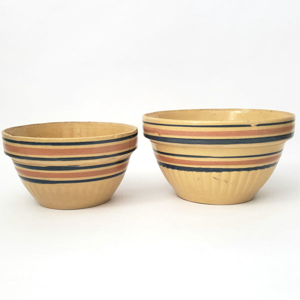 Vintage American Yellow ware Mixing Nesting Bowl Set of 5 Pink & Blue Bands