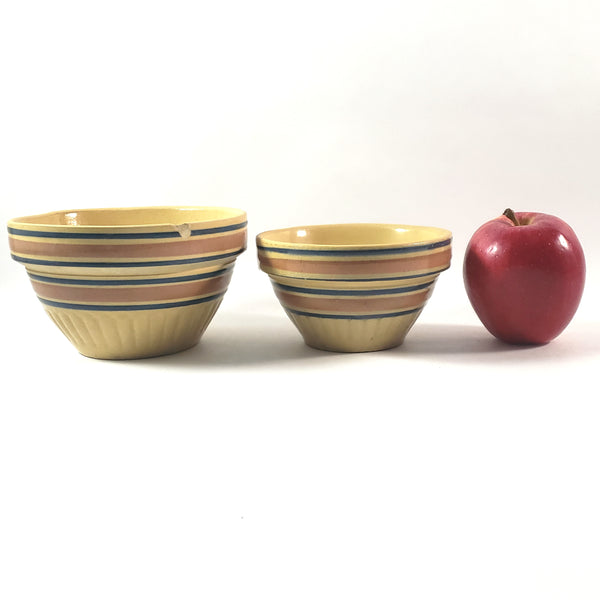 Vintage American Yellow ware Mixing Nesting Bowl Set of 5 Pink & Blue Bands