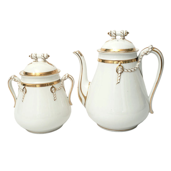 Antique Porcelain Teapot & Sugar Bowl Set Gold Metallic Trim 19th Century