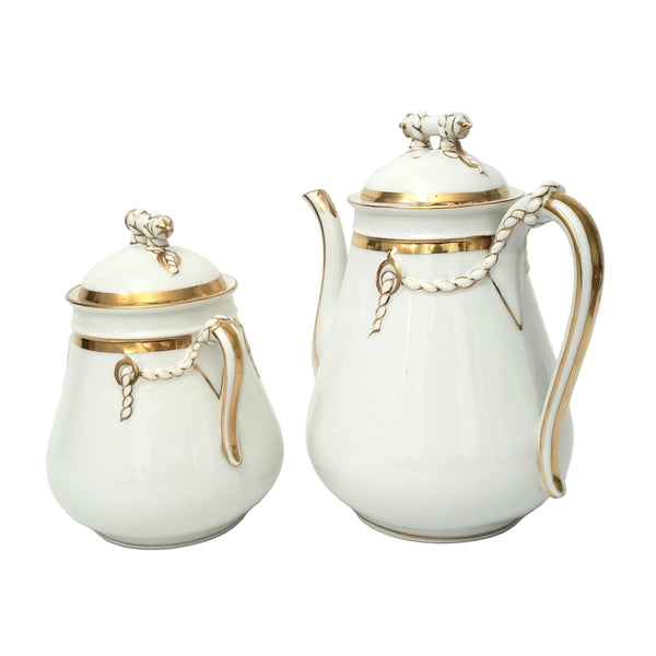 Antique Porcelain Teapot & Sugar Bowl Set Gold Metallic Trim 19th Century