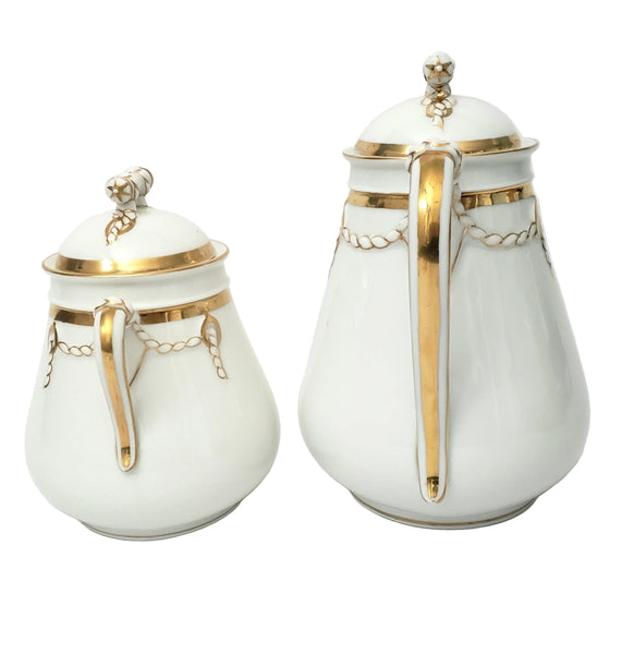 Antique Porcelain Teapot & Sugar Bowl Set Gold Metallic Trim 19th Century