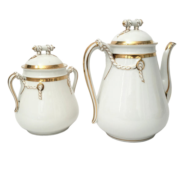 Antique Porcelain Teapot & Sugar Bowl Set Gold Metallic Trim 19th Century