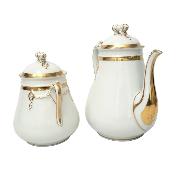 Antique Porcelain Teapot & Sugar Bowl Set Gold Metallic Trim 19th Century