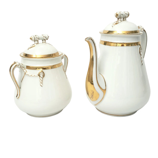 Antique Porcelain Teapot & Sugar Bowl Set Gold Metallic Trim 19th Century