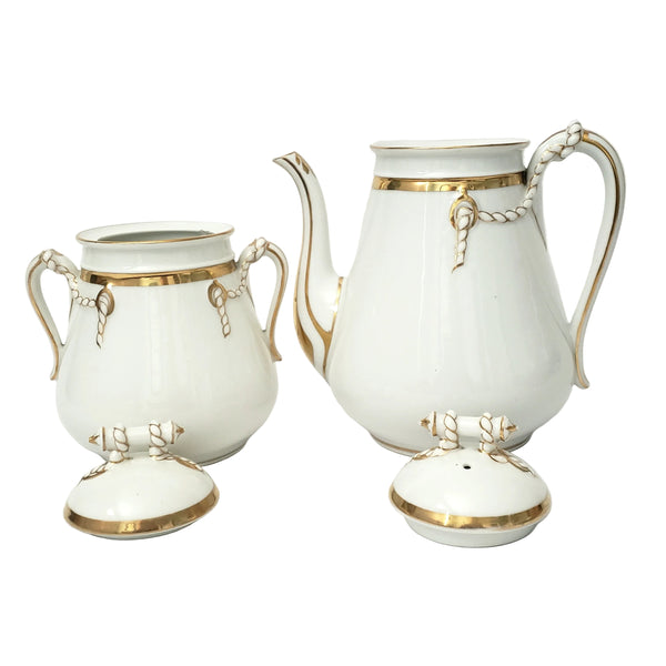 Antique Porcelain Teapot & Sugar Bowl Set Gold Metallic Trim 19th Century