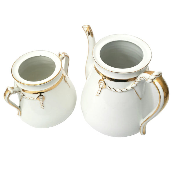 Antique Porcelain Teapot & Sugar Bowl Set Gold Metallic Trim 19th Century