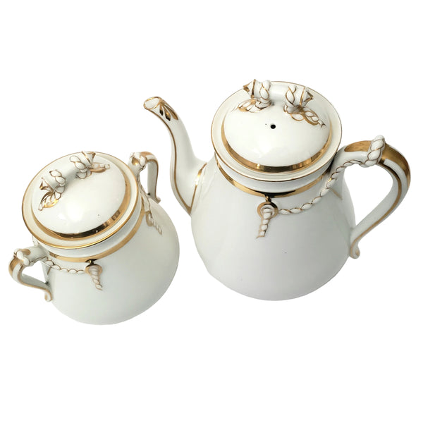 Antique Porcelain Teapot & Sugar Bowl Set Gold Metallic Trim 19th Century