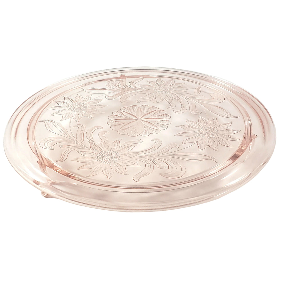 Vintage Pink Depression Cake Plate Three Footed Sunflower by Jeannette 1930s