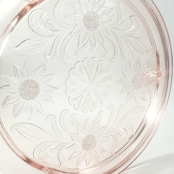 Vintage Pink Depression Cake Plate Three Footed Sunflower by Jeannette 1930s