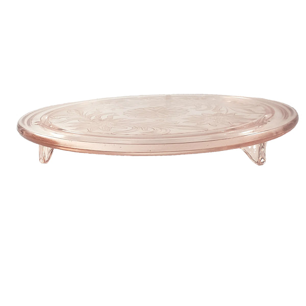 Vintage Pink Depression Cake Plate Three Footed Sunflower by Jeannette 1930s