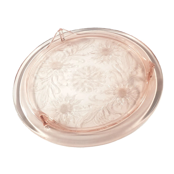 Vintage Pink Depression Cake Plate Three Footed Sunflower by Jeannette 1930s