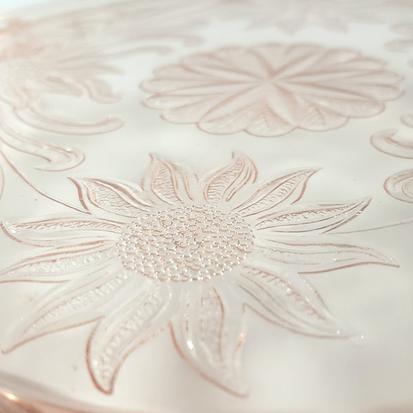 Vintage Pink Depression Cake Plate Three Footed Sunflower by Jeannette 1930s