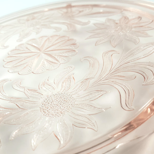 Vintage Pink Depression Cake Plate Three Footed Sunflower by Jeannette 1930s