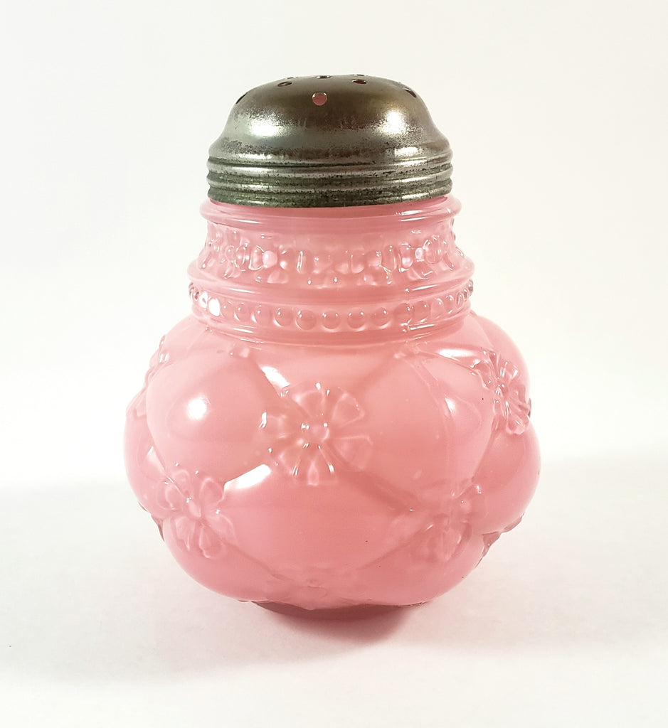 Antique Pink Glass Sugar Shaker Diamond Quilted Phlox Pattern Tin Lid by Northwood