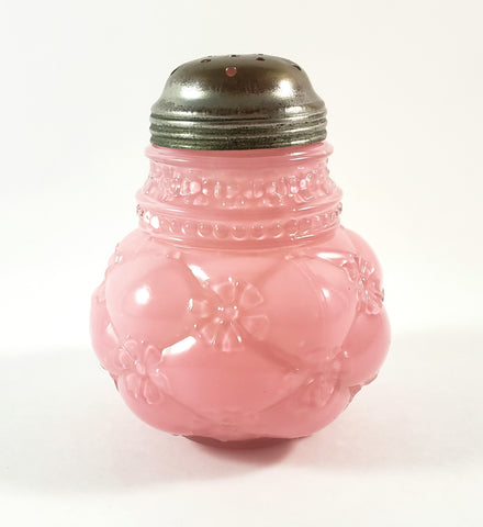 Antique Pink Glass Sugar Shaker Diamond Quilted Phlox Pattern Tin Lid by Northwood