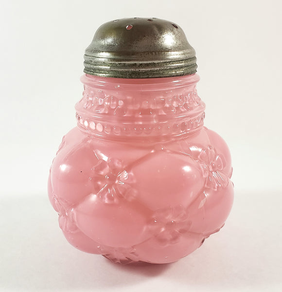 Antique Pink Glass Sugar Shaker Diamond Quilted Phlox Pattern Tin Lid by Northwood