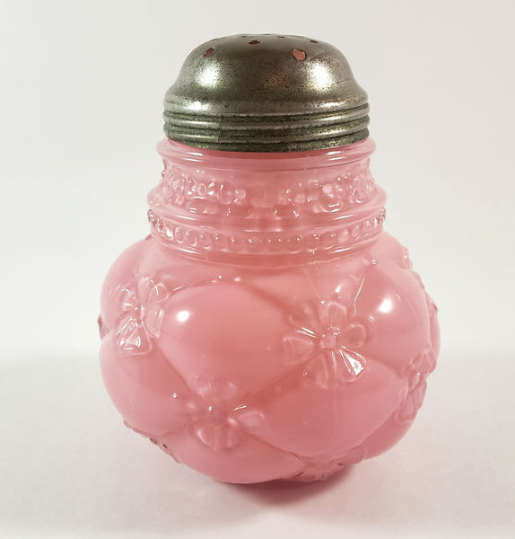 Antique Pink Glass Sugar Shaker Diamond Quilted Phlox Pattern Tin Lid by Northwood