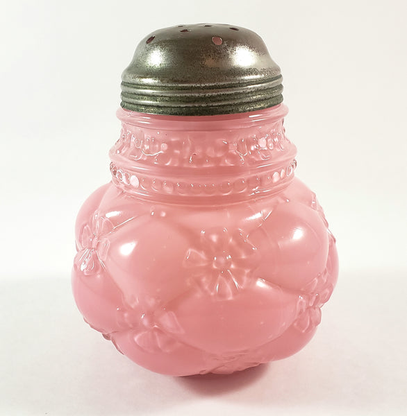 Antique Pink Glass Sugar Shaker Diamond Quilted Phlox Pattern Tin Lid by Northwood