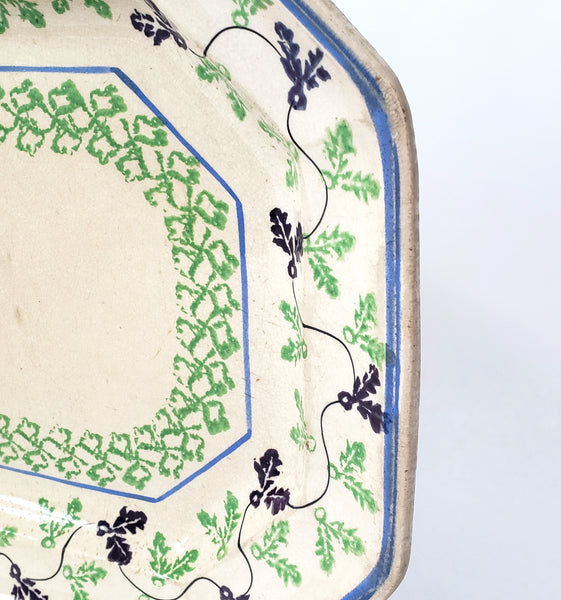 Antique Stick Spatter Octagonal Platter 13 3/8" Purple & Green Leaves