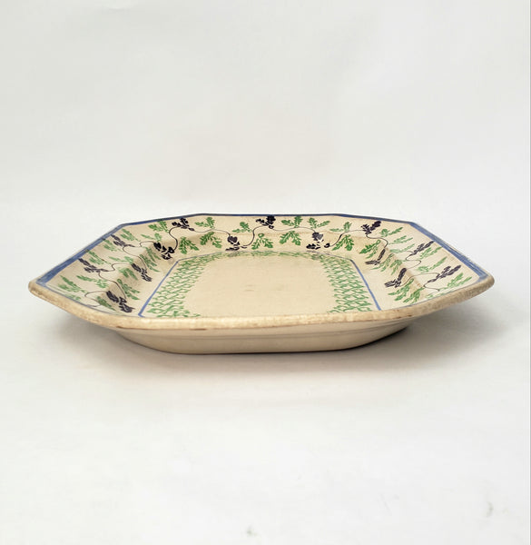 Antique Stick Spatter Octagonal Platter 13 3/8" Purple & Green Leaves