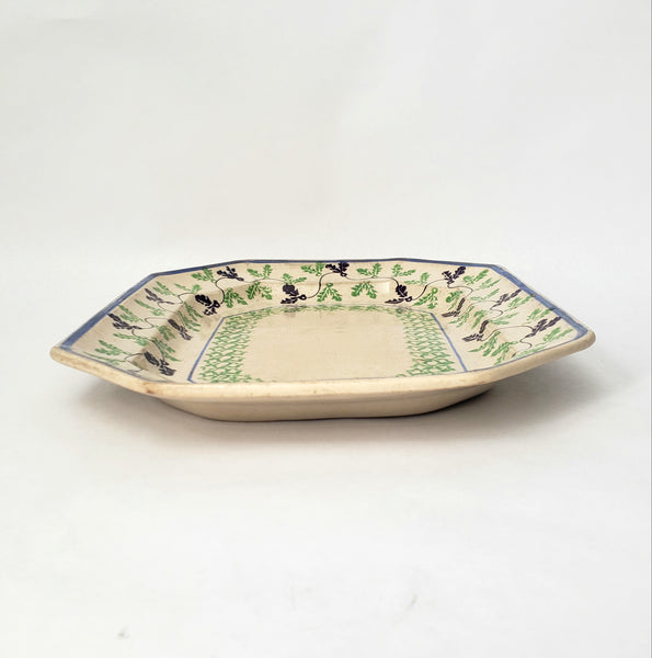 Antique Stick Spatter Octagonal Platter 13 3/8" Purple & Green Leaves