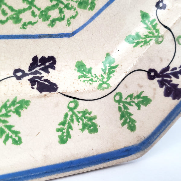 Antique Stick Spatter Octagonal Platter 13 3/8" Purple & Green Leaves