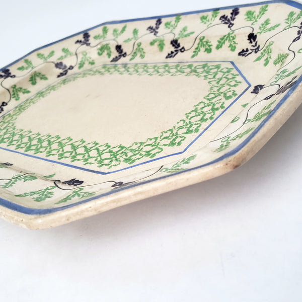 Antique Stick Spatter Octagonal Platter 13 3/8" Purple & Green Leaves